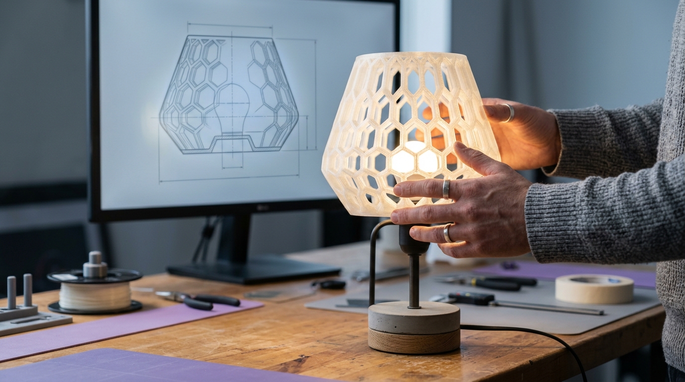 Peça autoral impressa em 3D em destaque numa bancada de maker, ao lado de um esboço de modelagem na tela