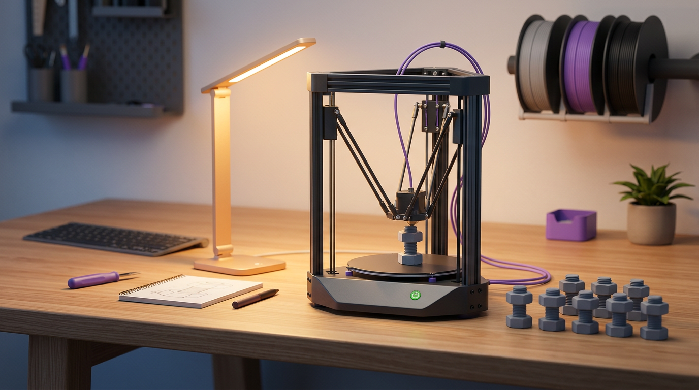 Impressora 3D de bancada imprimindo à noite com uma fileira de produtos idênticos já prontos ao lado, na luz quente da oficina de casa