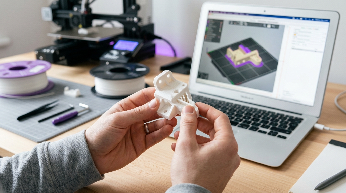 Mãos segurando uma peça impressa em 3D ao lado de um notebook com software de modelagem aberto