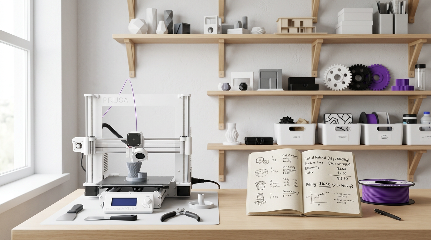 Espaço de trabalho profissional de impressão 3D com impressora, prateleiras organizadas de produtos prontos e um caderno com cálculo de custos