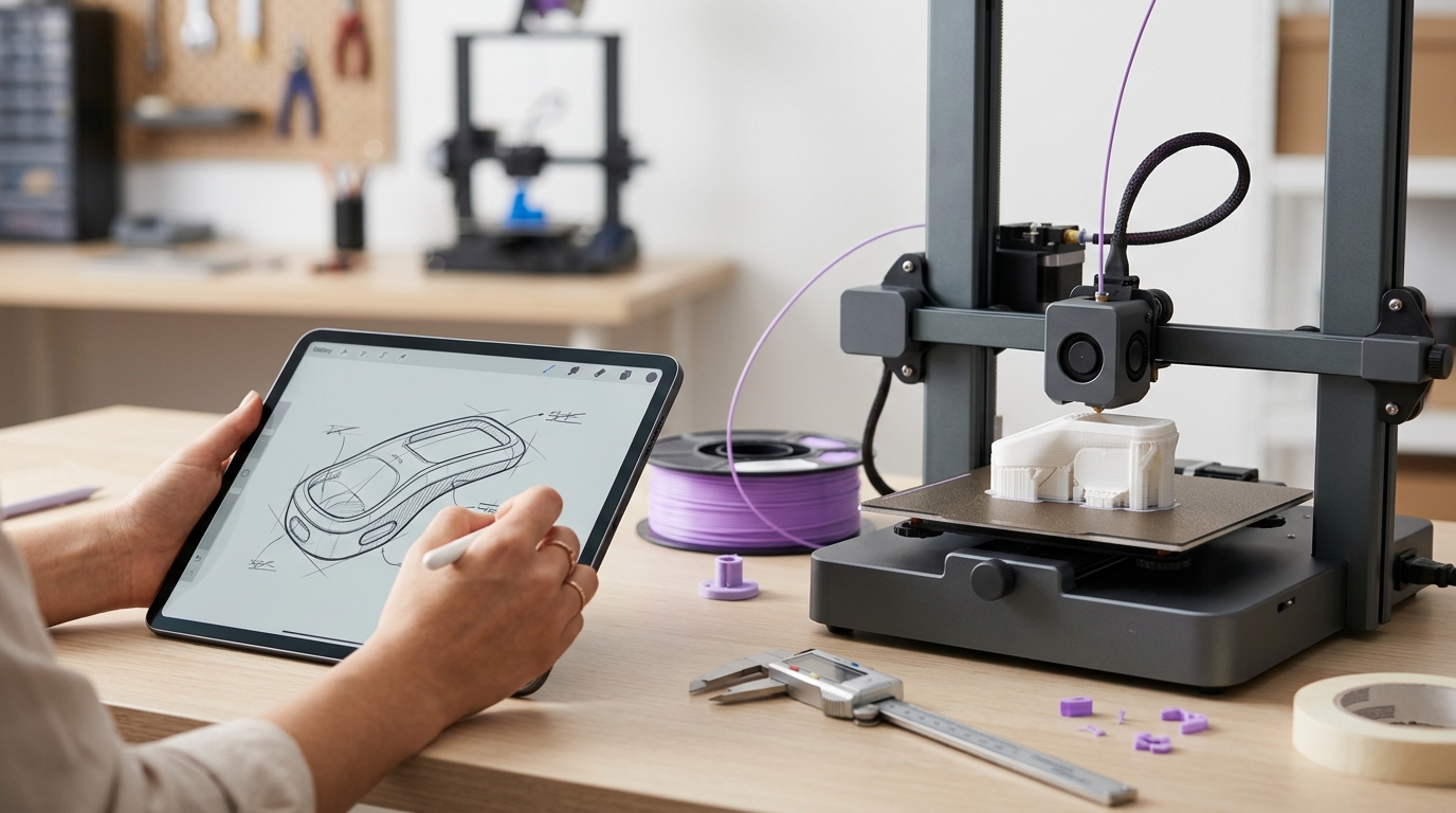Mãos desenhando um produto no tablet ao lado de uma impressora 3D terminando a peça correspondente, com paquímetro e filamento na bancada