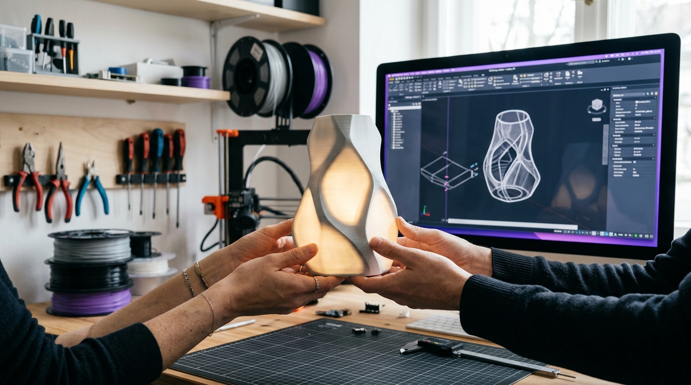 Peça autoral impressa em 3D segurada na bancada do maker, com a modelagem CAD na tela ao fundo