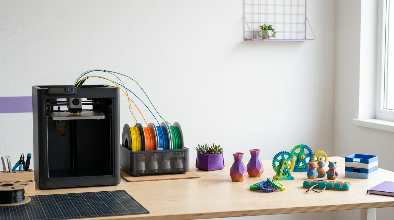 Bancada de maker com várias peças impressas em 3D multicoloridas ao lado de uma impressora com unidade de múltiplos filamentos
