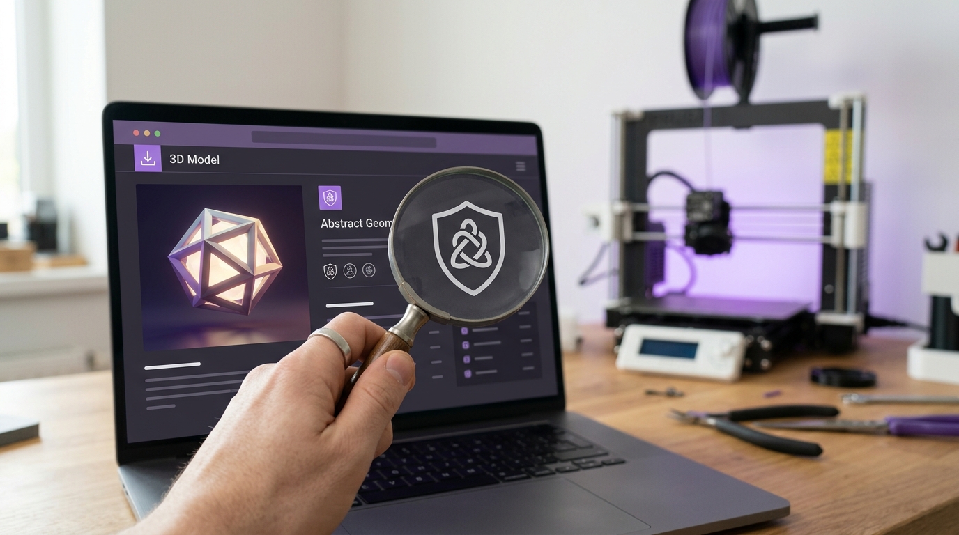 Mão segurando uma lupa sobre a tela de um notebook mostrando o símbolo de licença numa página de download de modelo 3D, com impressora desfocada ao fundo