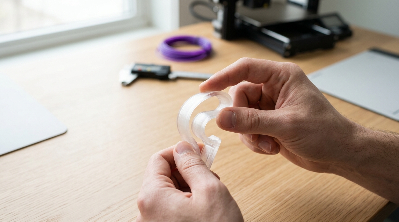 Mãos flexionando uma peça impressa em 3D translúcida que dobra sem quebrar