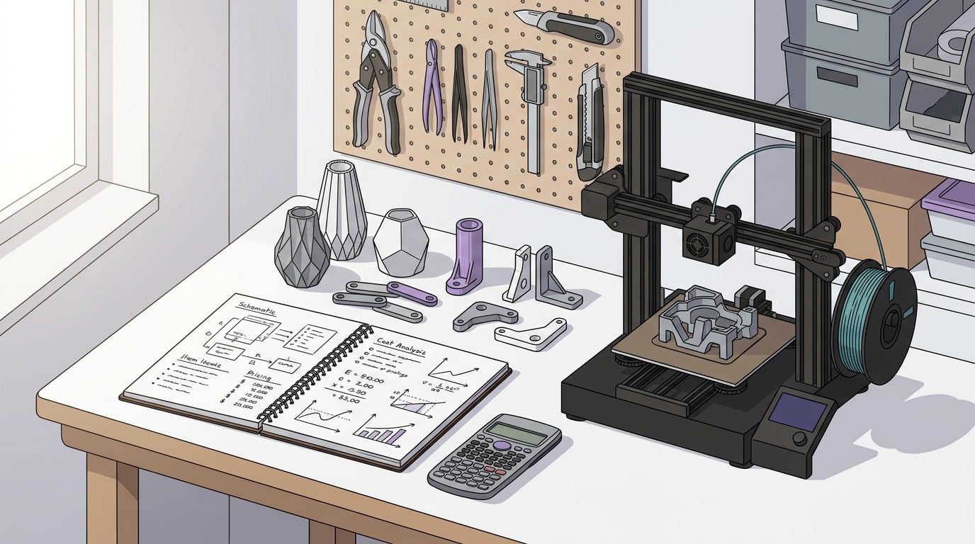 Bancada de maker organizada com peças autorais impressas em 3D e um caderno de cálculo de custos ao lado da impressora