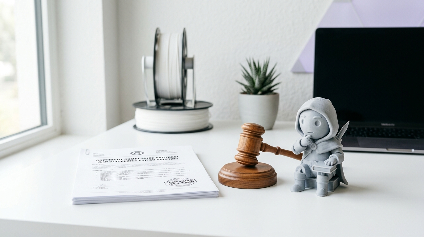 Boneco impresso em 3D sobre uma mesa ao lado de um documento jurídico e um pequeno martelo de juiz